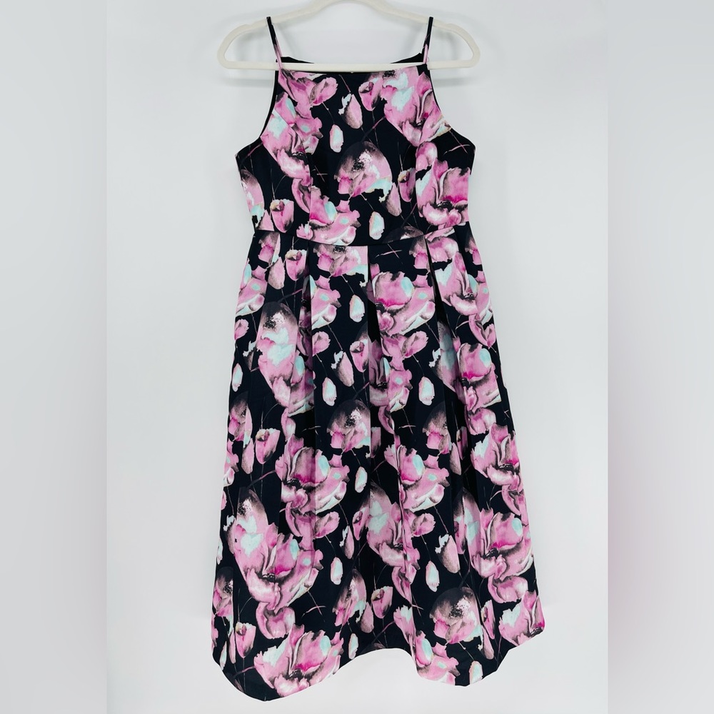 Lace & Mesh Floral Sleeveless Midi Dress, High Neck, Side Pockets